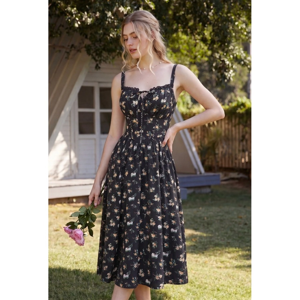 Scarlet Darkness Hottest Milkmaid Floral Midi Dress Black Goth Cottagecore M NWT